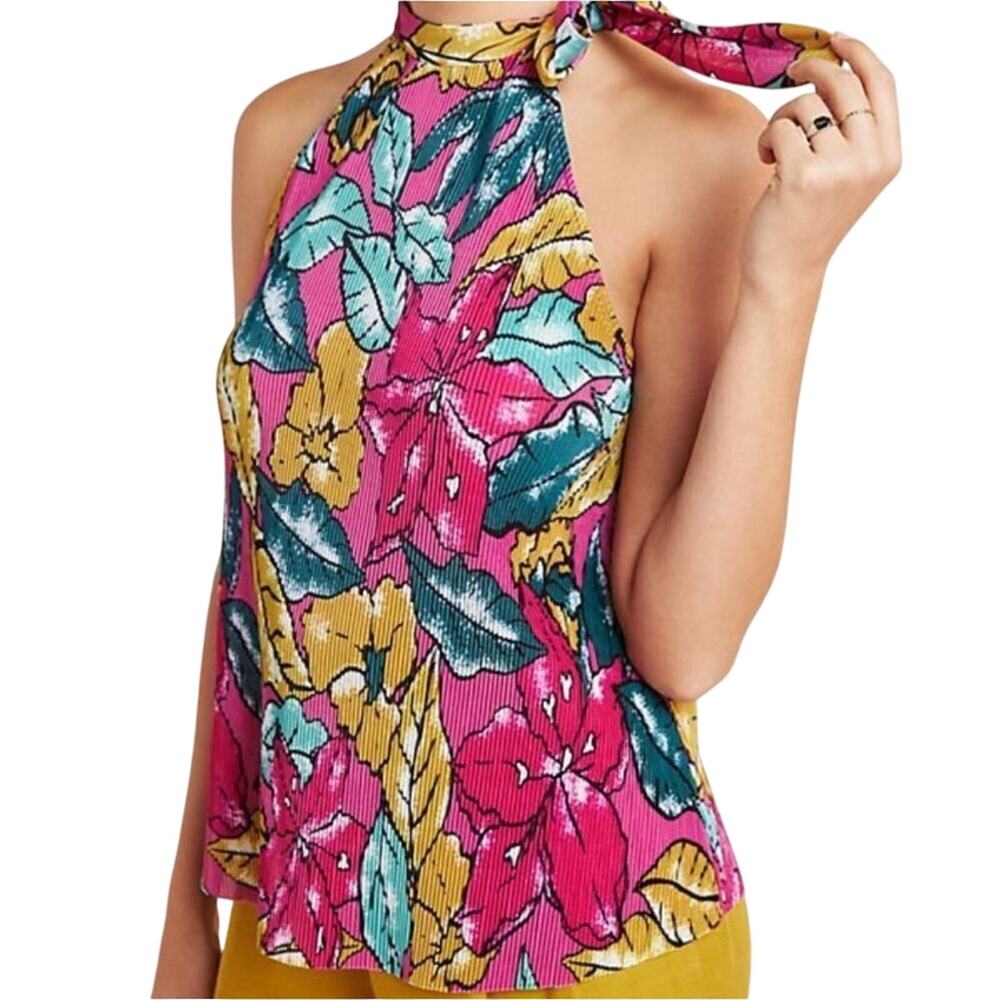 Anthropologie Maeve Glocester Floral Micro Pleated Tie Neck Blouse Top Size M